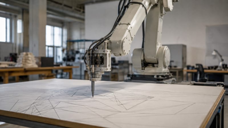 Brazo robótico trazando líneas sobre una superficie en un proceso de fabricación digital