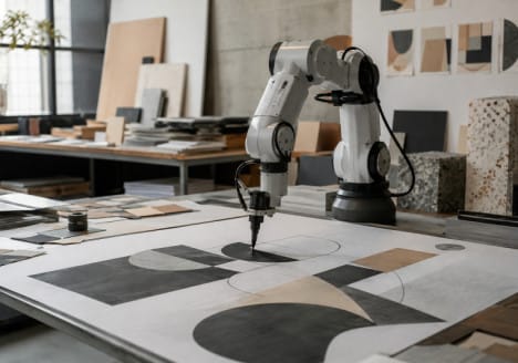 Brazo robótico creando una composición gráfica junto a herramientas de diseño digital