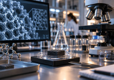 Representación conceptual de nanotecnología y materiales avanzados en un entorno científico