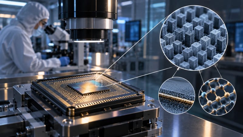 Concepto visual de nanoelectrónica y estructuras de materiales a escala nanométrica