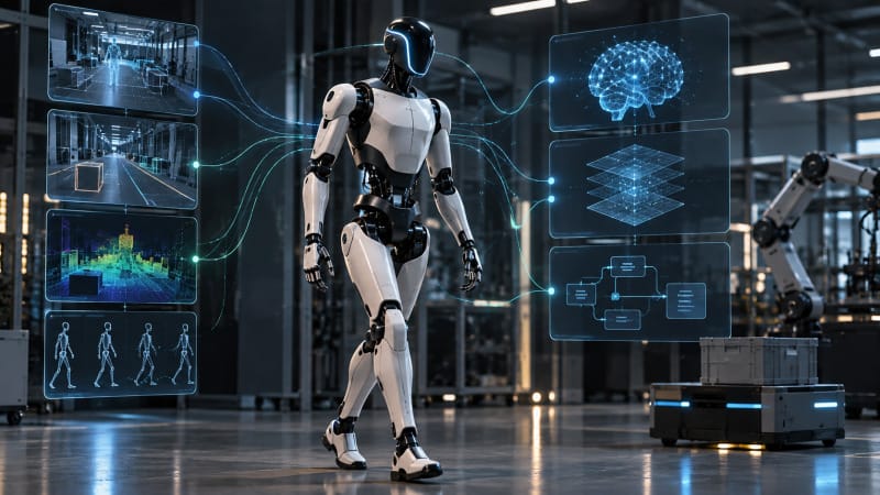 Robot humanoide conceptual integrado con sistemas de inteligencia artificial y percepción