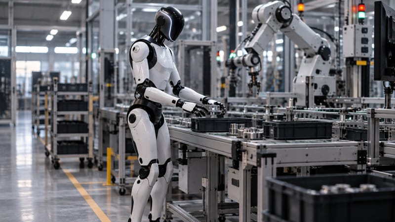 Robot humanoide trabajando en un entorno industrial automatizado