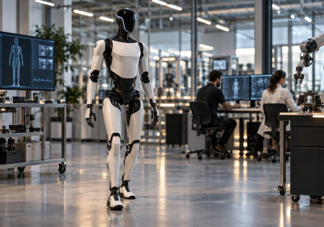 Robot humanoide Optimus de Tesla en un entorno tecnológico industrial