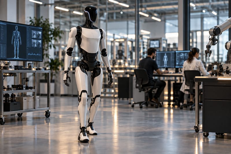 Robot humanoide Optimus de Tesla en un entorno tecnológico industrial