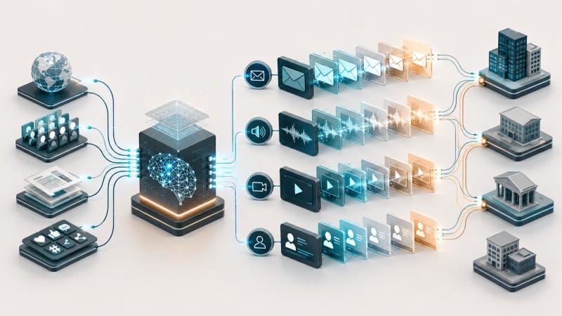 Flujo conceptual de phishing, deepfakes e identidades sintéticas generadas con inteligencia artificial