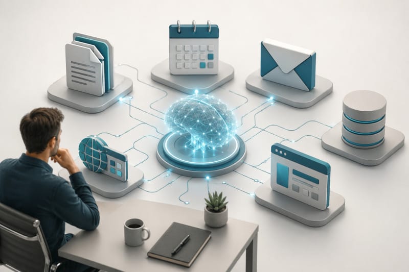 Agente de inteligencia artificial coordinando herramientas y tareas digitales