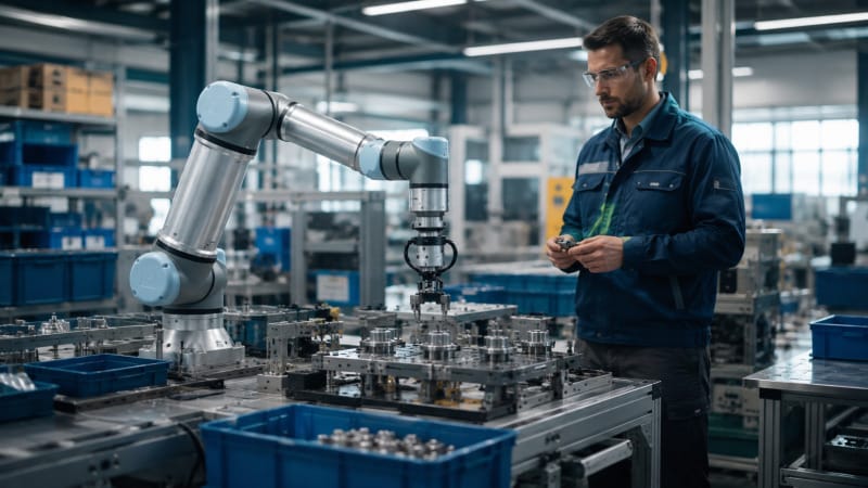 Robot colaborativo realizando tareas de ensamblaje y manipulación