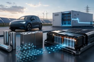 Celdas de batería de sodio-ion junto a un vehículo eléctrico y un sistema de almacenamiento energético