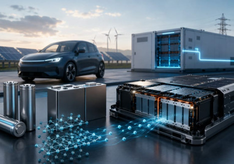 Celdas de batería de sodio-ion junto a un vehículo eléctrico y un sistema de almacenamiento energético