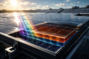Módulo solar tándem de perovskita y silicio mostrando sus dos capas activas y la captación de luz