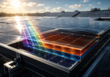 Módulo solar tándem de perovskita y silicio mostrando sus dos capas activas y la captación de luz