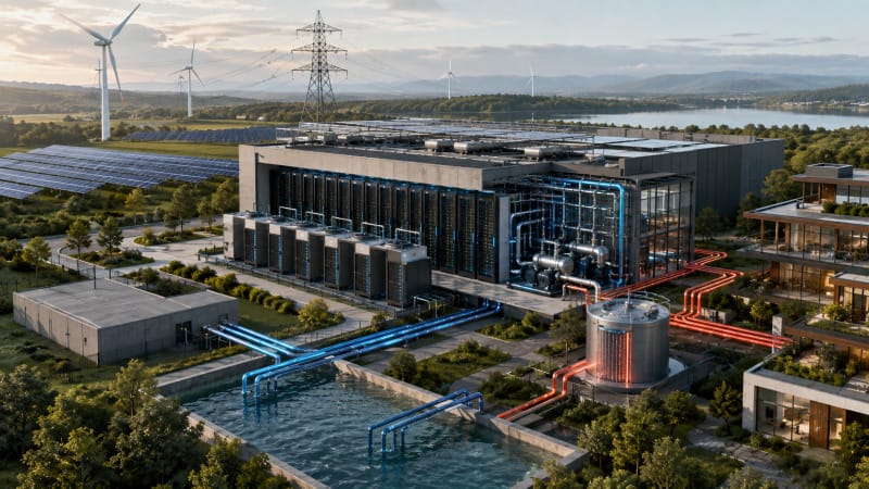 Centro de datos sostenible conectado a energía renovable, refrigeración eficiente y reutilización de calor
