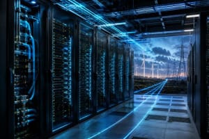 Centro de datos de inteligencia artificial con servidores de alta densidad y flujo de energía