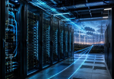 Centro de datos de inteligencia artificial con servidores de alta densidad y flujo de energía