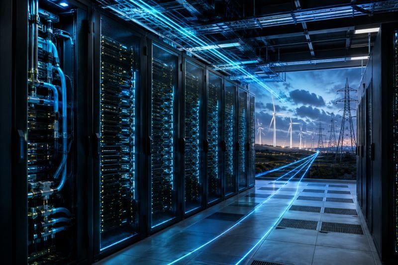 Centro de datos de inteligencia artificial con servidores de alta densidad y flujo de energía