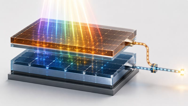Esquema visual del funcionamiento de una célula solar tándem con perovskita sobre silicio