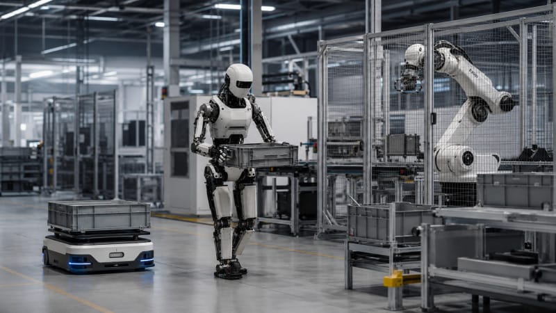 Robot humanoide, robot móvil y brazo industrial compartiendo un entorno automatizado