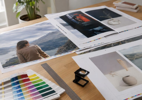 Pruebas impresas de una publicación con sangrado, marcas de corte y muestras de color preparadas para imprenta