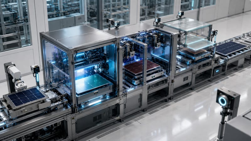 Proceso industrial de fabricación de módulos solares tándem de perovskita y silicio