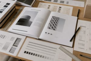 Mesa de diseño editorial con páginas maquetadas y patrones de texto automatizados en InDesign