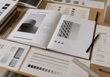 Mesa de diseño editorial con páginas maquetadas y patrones de texto automatizados en InDesign
