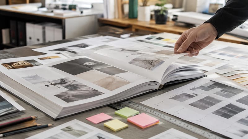 Flujo de revisión de un libro maquetado con páginas, pruebas impresas y control editorial