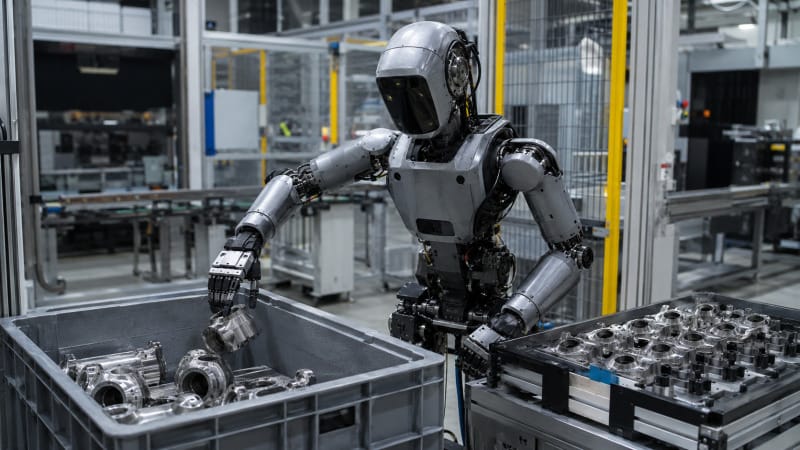 Robot humanoide integrado en un puesto de manipulación de componentes