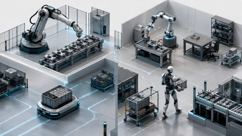 Comparación visual entre robot humanoide, brazo industrial, cobot y robot móvil autónomo