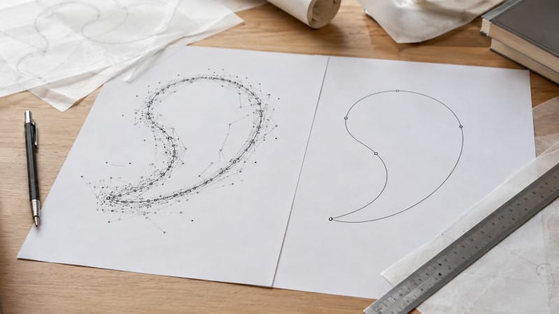 Comparación entre un trazado con demasiados puntos y una curva vectorial simplificada