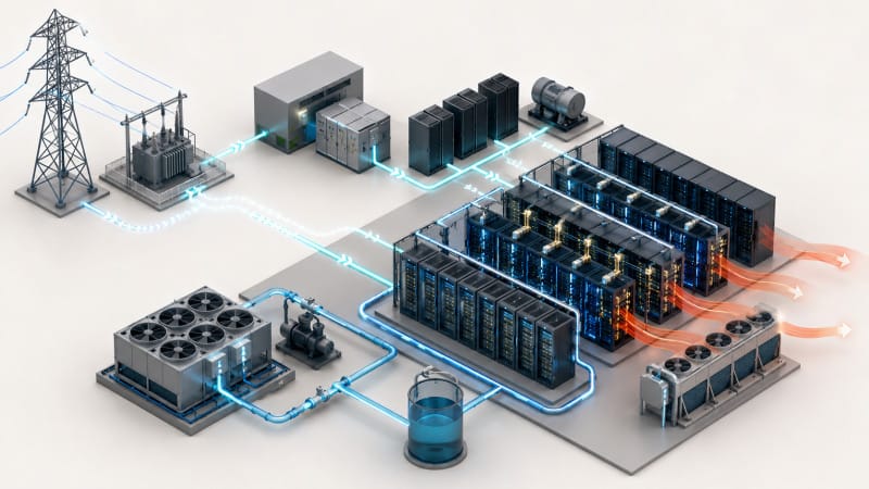 Esquema visual de servidores, refrigeración y suministro eléctrico de un centro de datos de IA