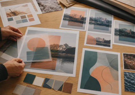 Mesa de diseñador con una composición fotográfica y recursos visuales reutilizables que representan Objetos Inteligentes de Photoshop