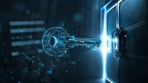 Llave criptográfica digital que representa una passkey resistente al phishing