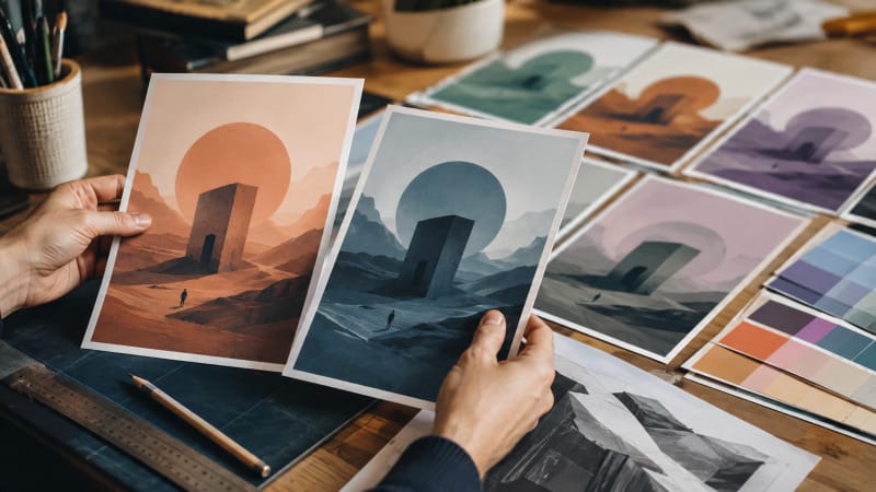 Diseñador revisando variantes de un mockup gráfico con recursos intercambiables