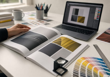 Diseñador revisando una publicación editorial antes de enviarla a imprenta