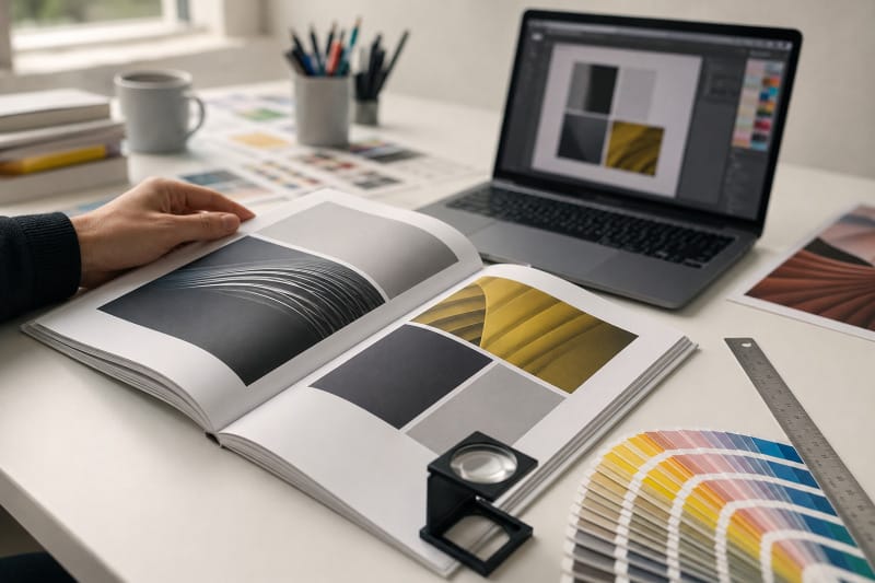 Diseñador revisando una publicación editorial antes de enviarla a imprenta