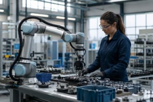 Robot colaborativo trabajando junto a una operaria en una pequeña fábrica