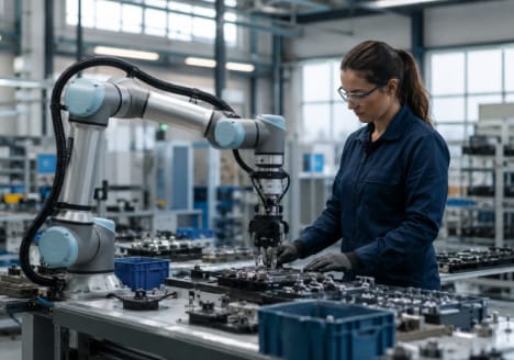 Robot colaborativo trabajando junto a una operaria en una pequeña fábrica