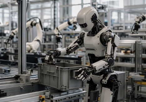 Robot humanoide trabajando junto a una línea de producción industrial moderna