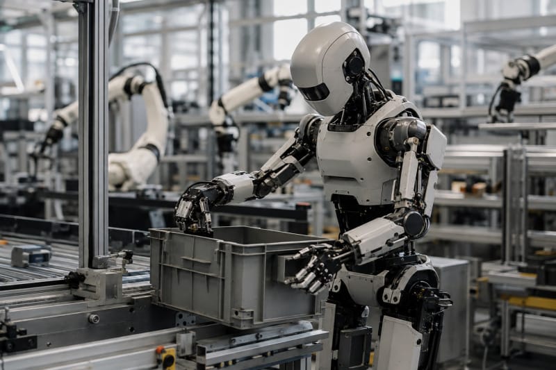 Robot humanoide trabajando junto a una línea de producción industrial moderna