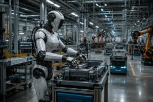 Robot humanoide trabajando en una fábrica moderna junto a sistemas de automatización industrial