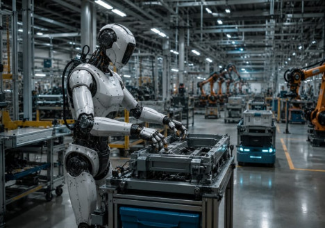 Robot humanoide trabajando en una fábrica moderna junto a sistemas de automatización industrial