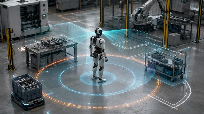 Sistema de seguridad alrededor de un robot humanoide industrial con sensores y zonas de movimiento controladas