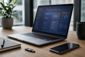 Portátil con entorno de trabajo web protegido y elementos físicos de seguridad digital