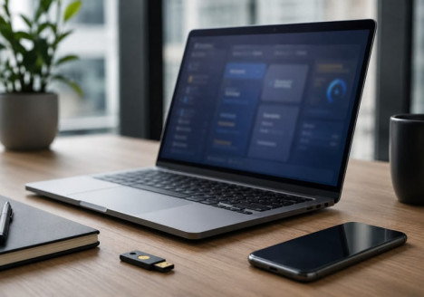 Portátil con entorno de trabajo web protegido y elementos físicos de seguridad digital