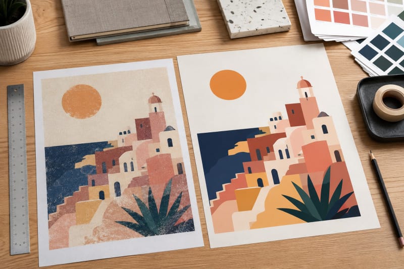 Boceto rasterizado y versión vectorial limpia preparados sobre una mesa de diseñador