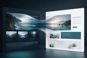 Dos páginas web conectadas por una transición visual fluida en un navegador moderno