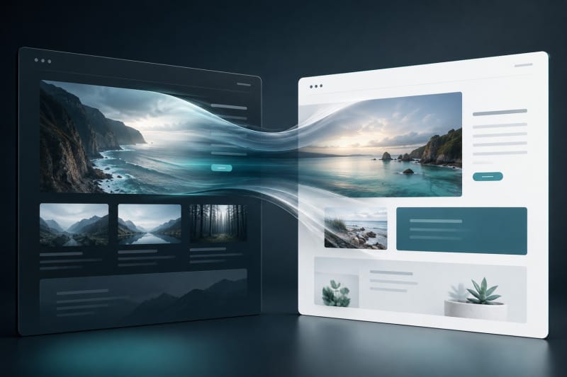 Dos páginas web conectadas por una transición visual fluida en un navegador moderno