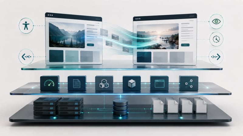 Arquitectura WordPress donde transiciones, accesibilidad, caché y navegación trabajan como capas independientes