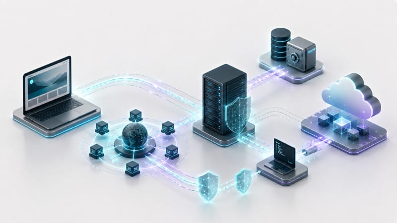 Arquitectura de una web con navegador, CDN, servidor y servicios preparándose para criptografía poscuántica