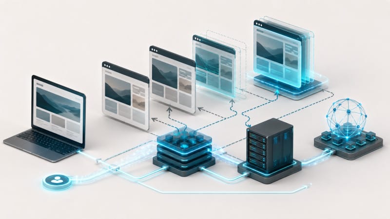 Flujo de navegación WordPress con caché, prefetch y prerender para acelerar páginas